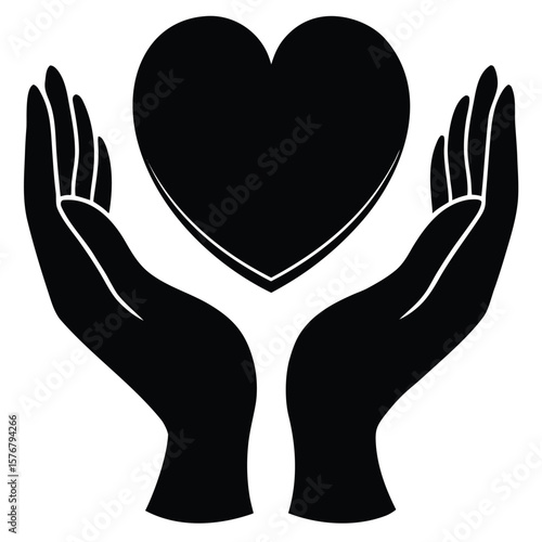 Two cupped hands gently holding a black heart symbol with white outlines in a clean minimalist silhouette style