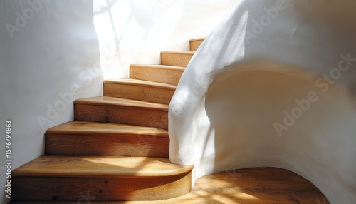 Indoor wooden stairs and plaster wall curve, with soft sunlight. Great as texture, graphic element, or showing growth concept.