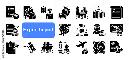 Export import editable stroke icon set, with Export, Import, Customs clearance, Trade, Logistics, Shipment, International shipping.