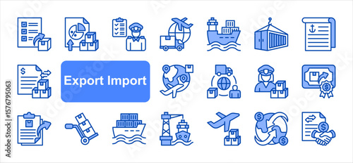 Export import editable stroke icon set, with Export, Import, Customs clearance, Trade, Logistics, Shipment, International shipping.