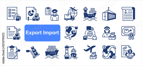 Export import editable stroke icon set, with Export, Import, Customs clearance, Trade, Logistics, Shipment, International shipping.