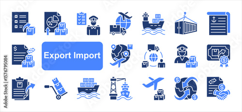 Export import editable stroke icon set, with Export, Import, Customs clearance, Trade, Logistics, Shipment, International shipping.
