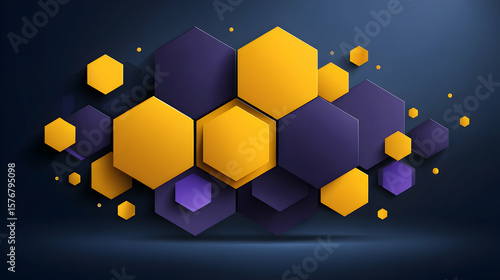 Abstract image featuring overlapping hexagons shades gold, purple, dark blue, creating a modern geometric pattern.