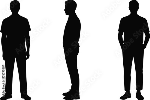 Silhouette of standing men in casual poses, side and front view, isolated male figure icon set, vector illustration for stock design