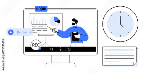 Presenter pointing to graphs during online meeting, with recording indicator, HD video icon, clock, and notes. Ideal for remote work, web conferencing, education, analytics time management
