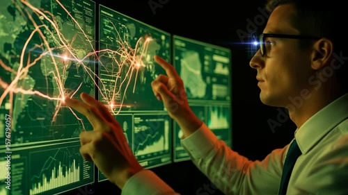 Business professional analyzing data on interactive screens with global maps and graphs in dark room