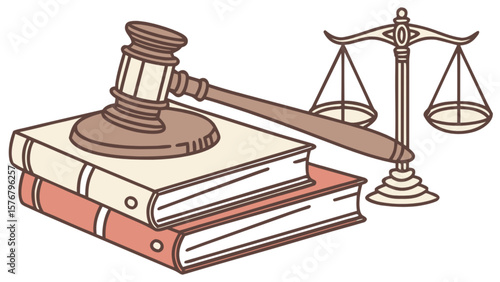Law books and gavel vector illustration for legal education and justice system concept design element with scales