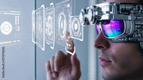 Futuristic man wearing advanced augmented reality glasses interacting with holographic displays in a tech environment
