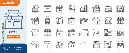 Retail line editable icon set. Retail Store icon set. Editable stroke. Vector illustration