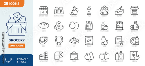 Grocery line editable icon set. Containing milk, eggs, bread, butter, flour, cereals, snacks, detergent, and more. Editable stroke. Vector illustration