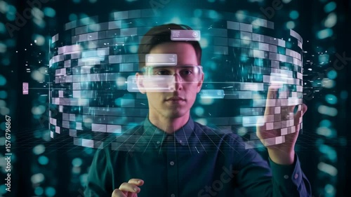 Young man interacting with a digital interface, surrounded by floating data elements in a futuristic setting