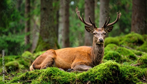 Majestic deer resting in a mossy forest
