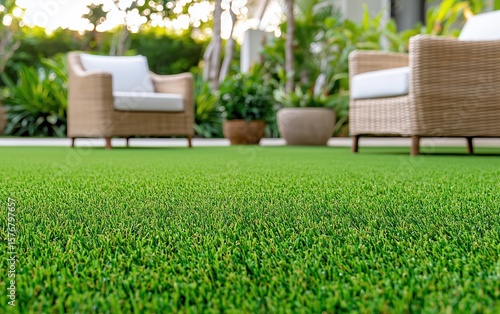 Vivid green artificial grass in modern backyard garden