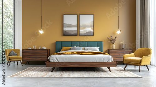 Stylish bedroom teal bed, mustard armchairs, wooden furniture against a mustard wall.