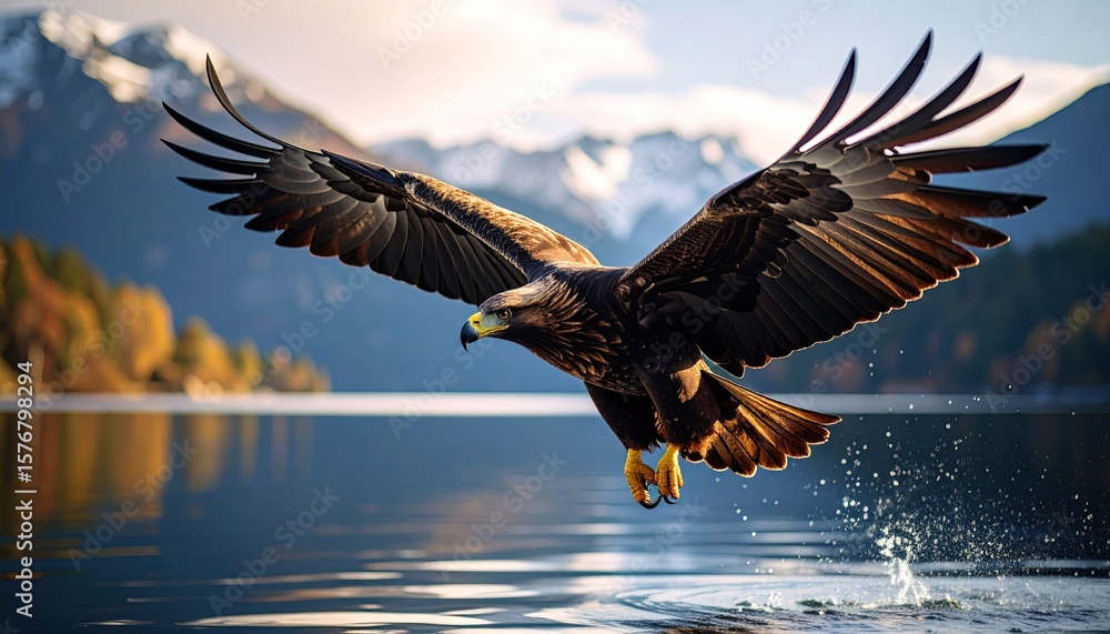 Obraz premium Majestic eagle soaring over lake