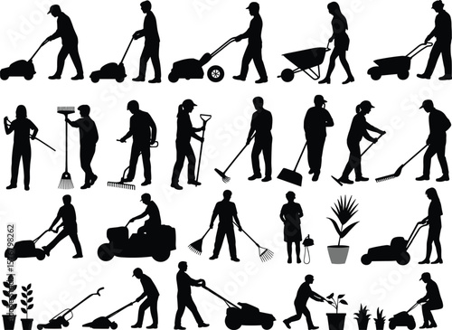 Silhouettes of people mowing lawns, raking leaves, gardening, using wheelbarrows, trimming plants, and performing outdoor landscaping or yard maintenance