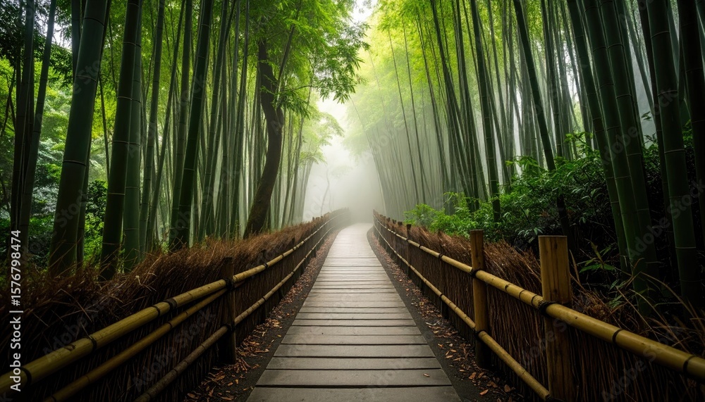 Fototapeta premium Misty bamboo forest walkway