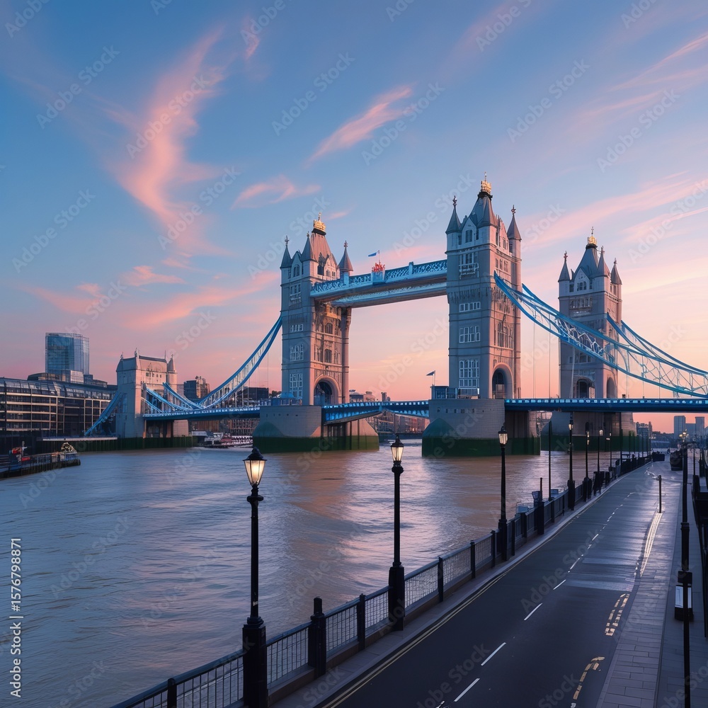 Naklejka premium A high-resolution, realistic image of Tower Bridge in London at dawn. The sky is painted in soft blues and pinks, and the Thames River is calm with subtle reflections of the bridge. The streets and si