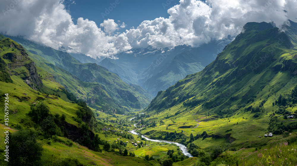 Fototapeta premium Majestic Mountain Valley Panorama with Wildflowers and a Winding River