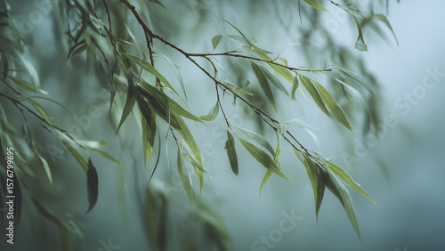 Close up of willow tree leaves blowing in a breeze on a rainy day