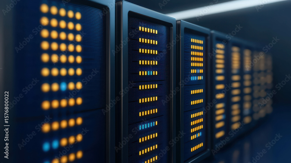 Fototapeta premium Modern data center with illuminated server racks showcasing advanced technology and efficient data processing systems in a high-tech environment