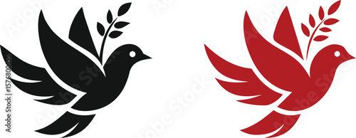 Black and Red Dove Icons with Olive Branch for Peace Symbol