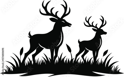 Two Majestic Deer Silhouettes in a Grassy Meadow