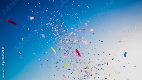 Colorful confetti falling in blue sky during celebration or festive party event  

