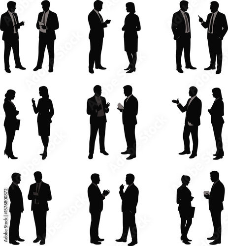 Silhouettes of businesspeople in pairs having conversations, formal office interaction, teamwork and collaboration concept, isolated on white background
