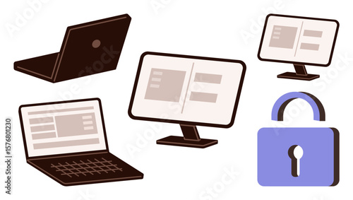Multiple laptops and monitors displaying files alongside a secure lock. Ideal for technology, data security, online protection, privacy, software, productivity, and simple flat metaphor