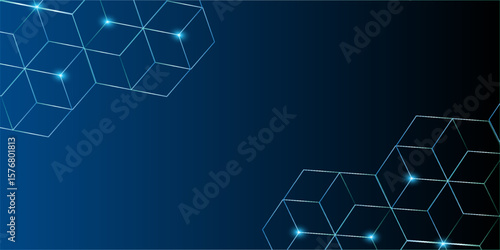 High-tech futuristic hexagon background with glowing neon blue lights and dynamic 3D grid pattern