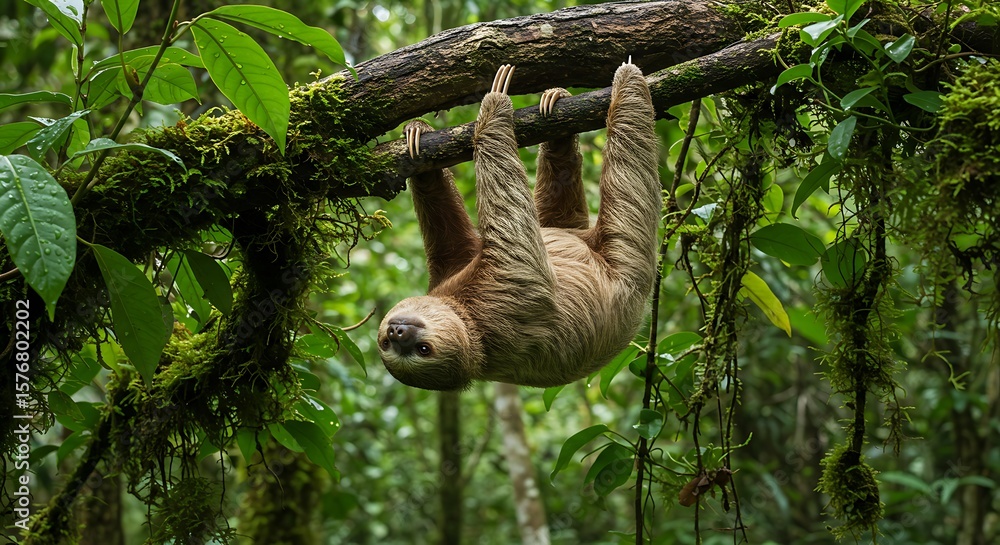 Fototapeta premium Three-Toed Sloth Hanging Upside Down From a Moss-Covered Branch in the Jungle, A Charming Sloth Hanging Out in the Lush Green Canopy of a Tropical Rainforest
