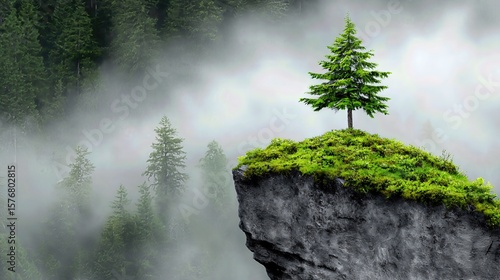 Lone Green Tree on a Rocky Cliff with Misty Forest in the Background