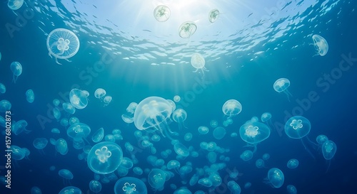 Mesmerizing Jellyfish Ballet: A Tranquil Underwater Scene, Shimmering Sunlight Dances Through a Sea of Moon Jellies