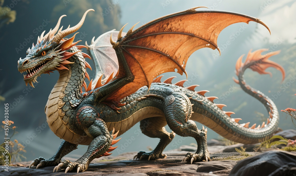 Obraz premium Majestic Dragon with Detailed Scales and Powerful Wings, a Legendary Fantasy Beast in a Mystical Landscape for Epic Adventure & Magic Concepts.