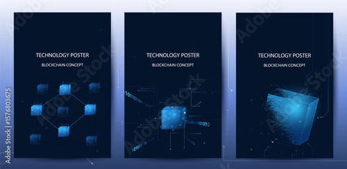 Blockchain technology poster set. Digital sharing data connection network with cryptocurrency concept