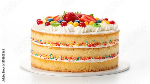 Delicious three-layer vanilla cake with fresh strawberries, blueberries, and colorful sprinkles.