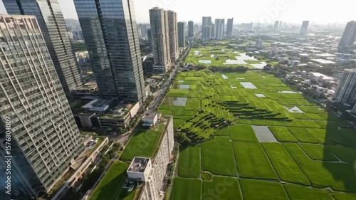 Aerial view of urban buildings next to green rice fields. Contrast between modern cityscape and agricultural land in one frame.