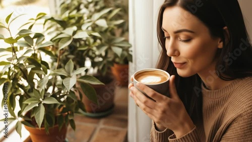 Woman enjoying a warm cup of coffee by a window with plants in the background, creating a cozy atmosphere