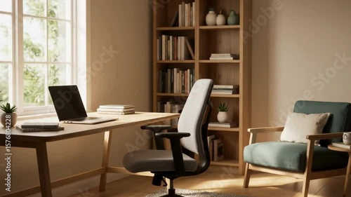 Cozy home office interior with desk, ergonomic chair, bookshelves, and warm lighting. Modern minimalist workspace for productivity.