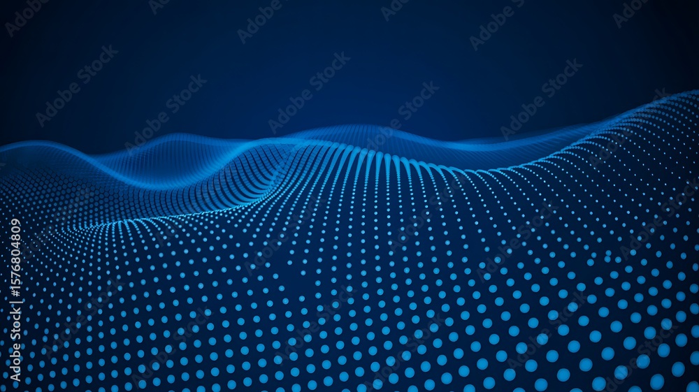 Fototapeta premium Futuristic blue dot wave pattern with glowing data points on dark background 