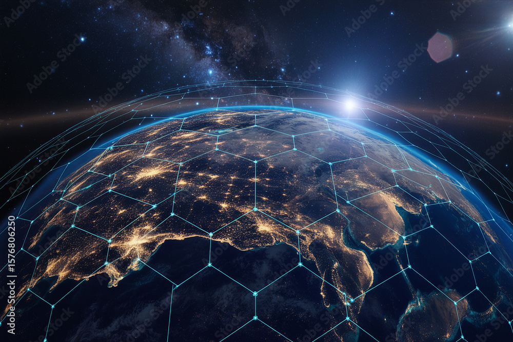 Obraz premium Global digital network overlay on illuminated planet