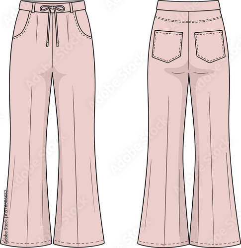 high waist flared pants front and back view, fashion cad flat sketch, stylish lounge trousers, women’s drawstring pants vector, editable apparel mockup design