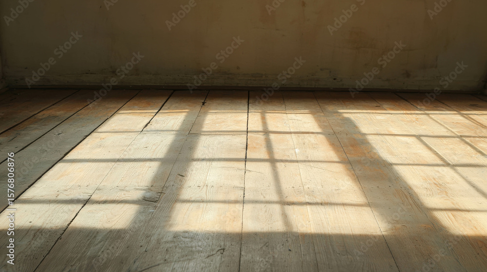 Fototapeta premium Soft Light Illuminates Wooden Floor with Subtle Shadow Patterns in an Unfurnished Room for Minimalist Interior Aesthetic and Tranquil Atmosphere
