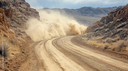 Dusty desert road with a dust cloud kicked up by a passing vehicle.