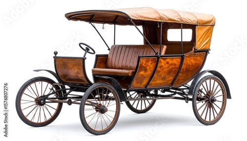 Antique Horse Drawn Carriage With Wooden Body And Spoked Wheels on White Background