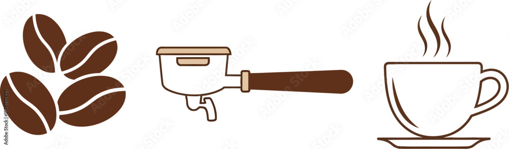 Coffee beans espresso machine and cup of hot coffee vector illustration for coffee shop design Coffee beans espresso machine and cup of hot coffee vector illustration for coffee shop design