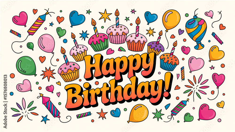 Fototapeta premium A cheerful birthday card on white background, filled with vibrant, playful party doodles and festive decorations