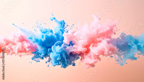 Spectacular Color Explosion: An eye-catching explosion of vibrant pink and blue colors. The image is characterized by high-speed capture, and intricate formations creating dynamic abstract shapes.