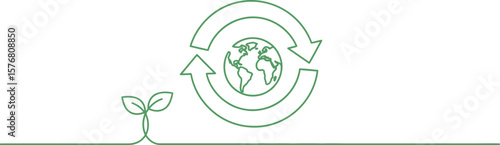 Eco friendly sustainable living concept with recycle symbol and plant for earth day and green energy future